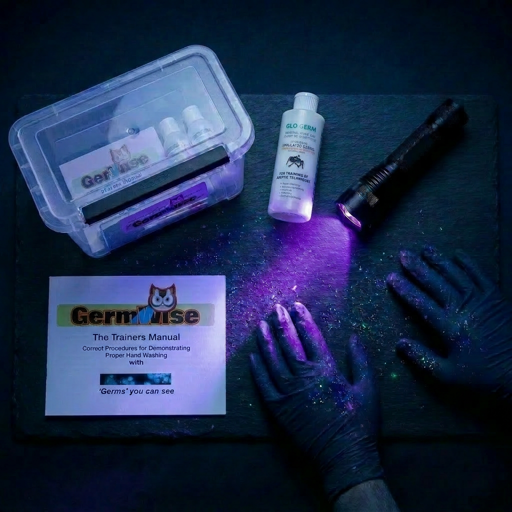 GermWise training kit flat lay — UV flashlight, gel bottle, powder, carry case and training materials under UV light
