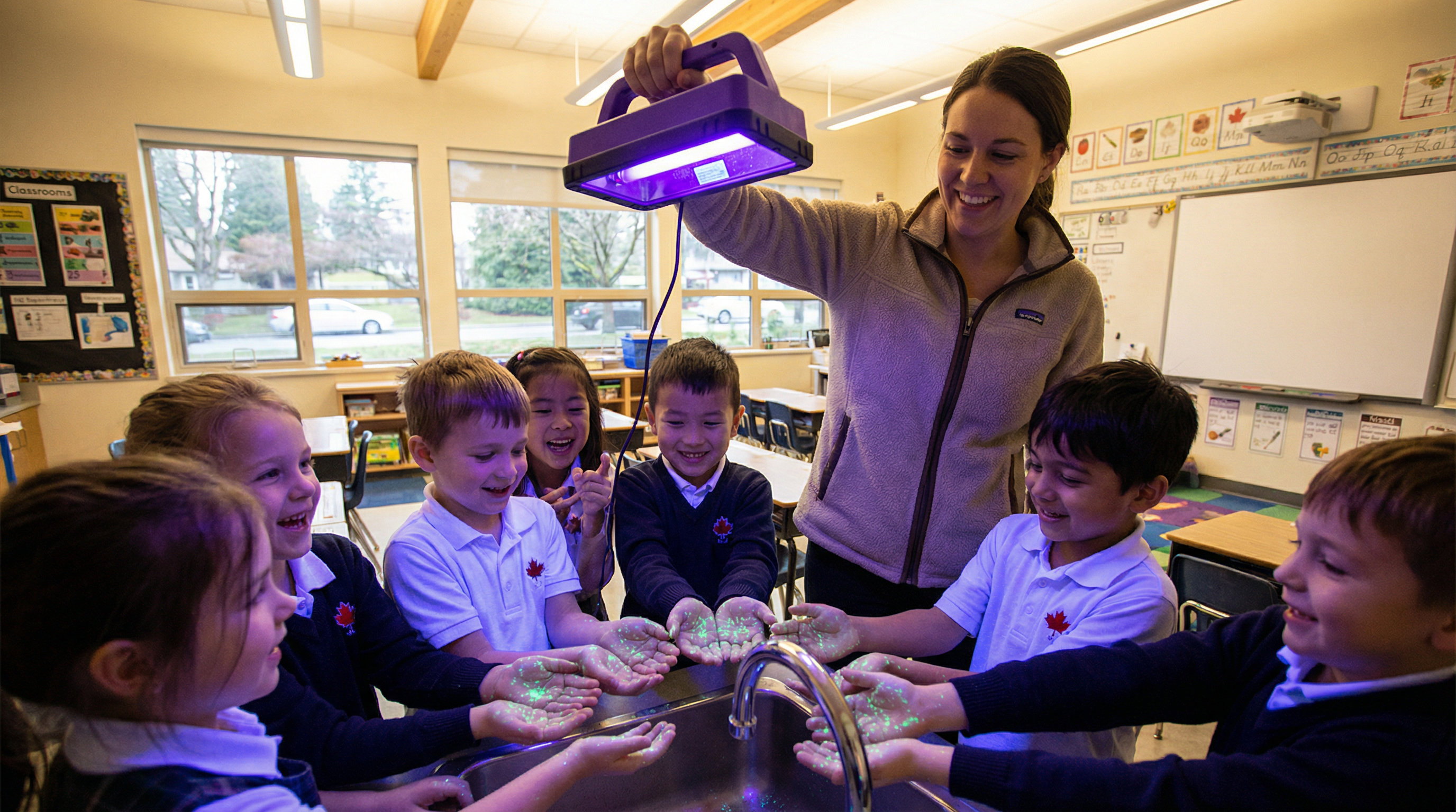 Teacher showing students UV glow demonstration in classroom