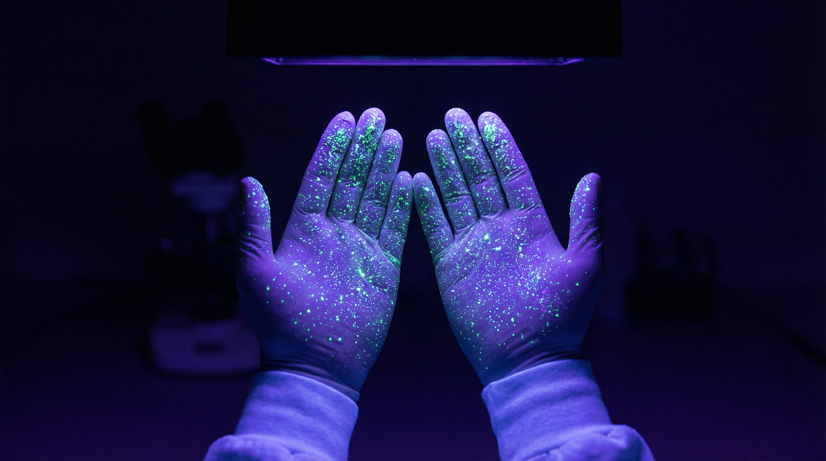 Hands under UV light revealing glowing germ particles