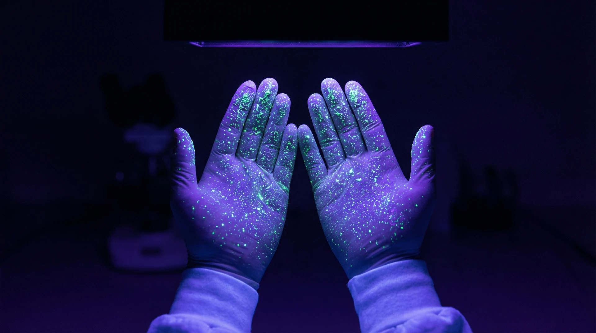 Hands under UV light revealing glowing germ particles