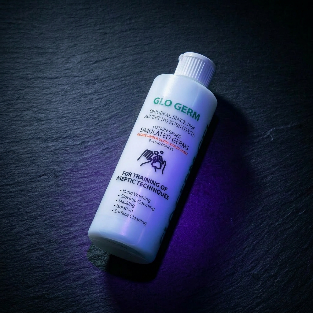 GloGerm Gel 8oz bottle — lotion-based simulated germs that glow under UV light for handwashing training