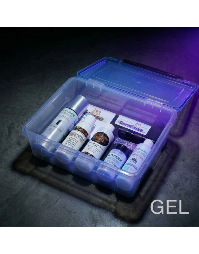 GloGerm HAZMAT Kit — open hard-shell carry case with MIST canister, gel, powder, surface cleaning gel and UV flashlight