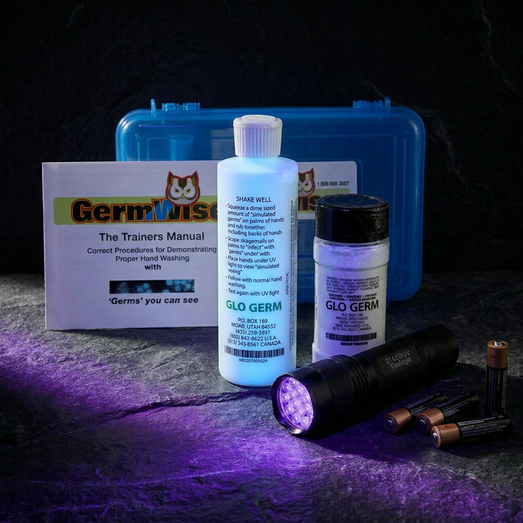 GloGerm Kit 1004 Gel — 21-LED UV flashlight, 8oz gel bottle, 4oz powder and batteries for handwashing training