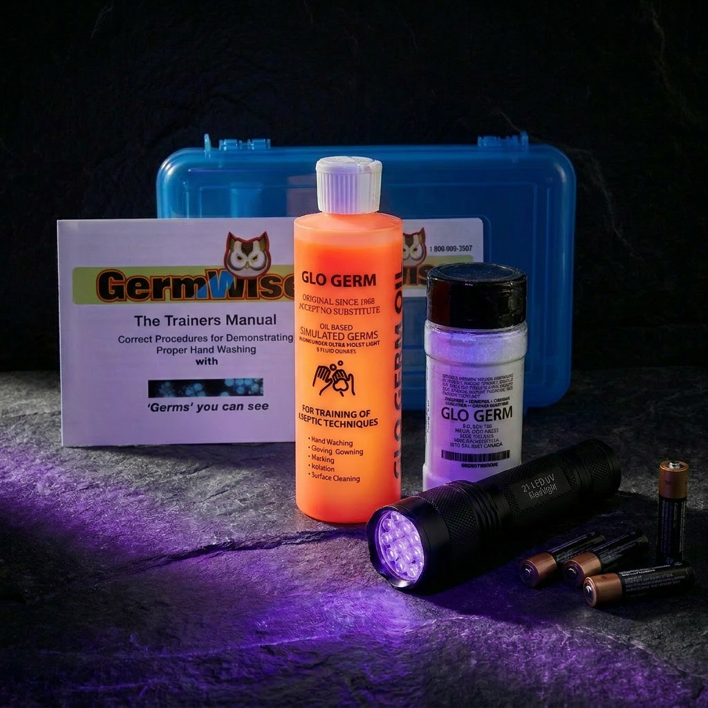 GloGerm Kit 1004 Oil — 21-LED UV flashlight, 8oz oil bottle, 4oz powder and batteries for handwashing training