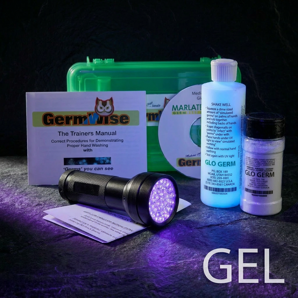 GloGerm Kit 1007 Gel — 50-LED UV flashlight, 8oz gel bottle, 4oz powder and training video for professional demonstrations
