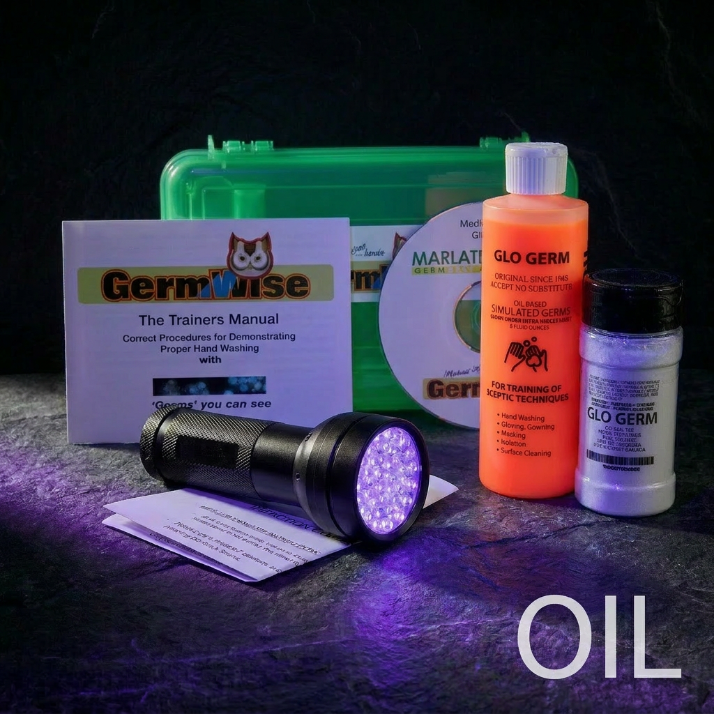GloGerm Kit 1007 Oil — 50-LED UV flashlight, 8oz oil bottle, 4oz powder and training video for professional demonstrations