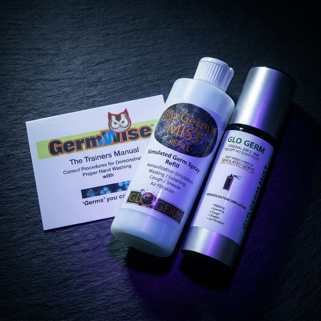 GloGerm MIST Combo Pack — spray canister and 8oz refill bottle for airborne contamination simulation