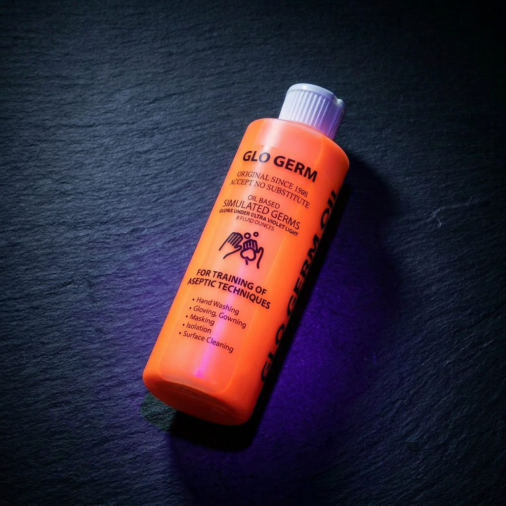 GloGerm Oil 8oz bottle — original oil-based formula that glows bright orange under UV light