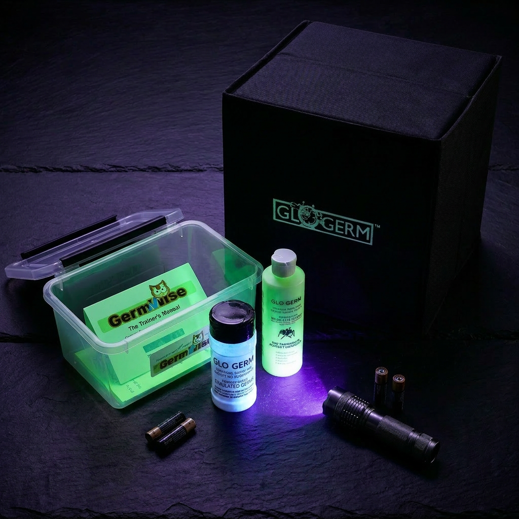 GloGerm Glo Box Kit Gel — foldable soft-shell UV viewing box, 8oz gel, 4oz powder, UV flashlight and carry case