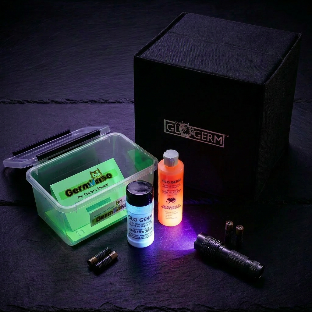 GloGerm Glo Box Kit Oil — foldable soft-shell UV viewing box, 8oz oil, 4oz powder, UV flashlight and carry case