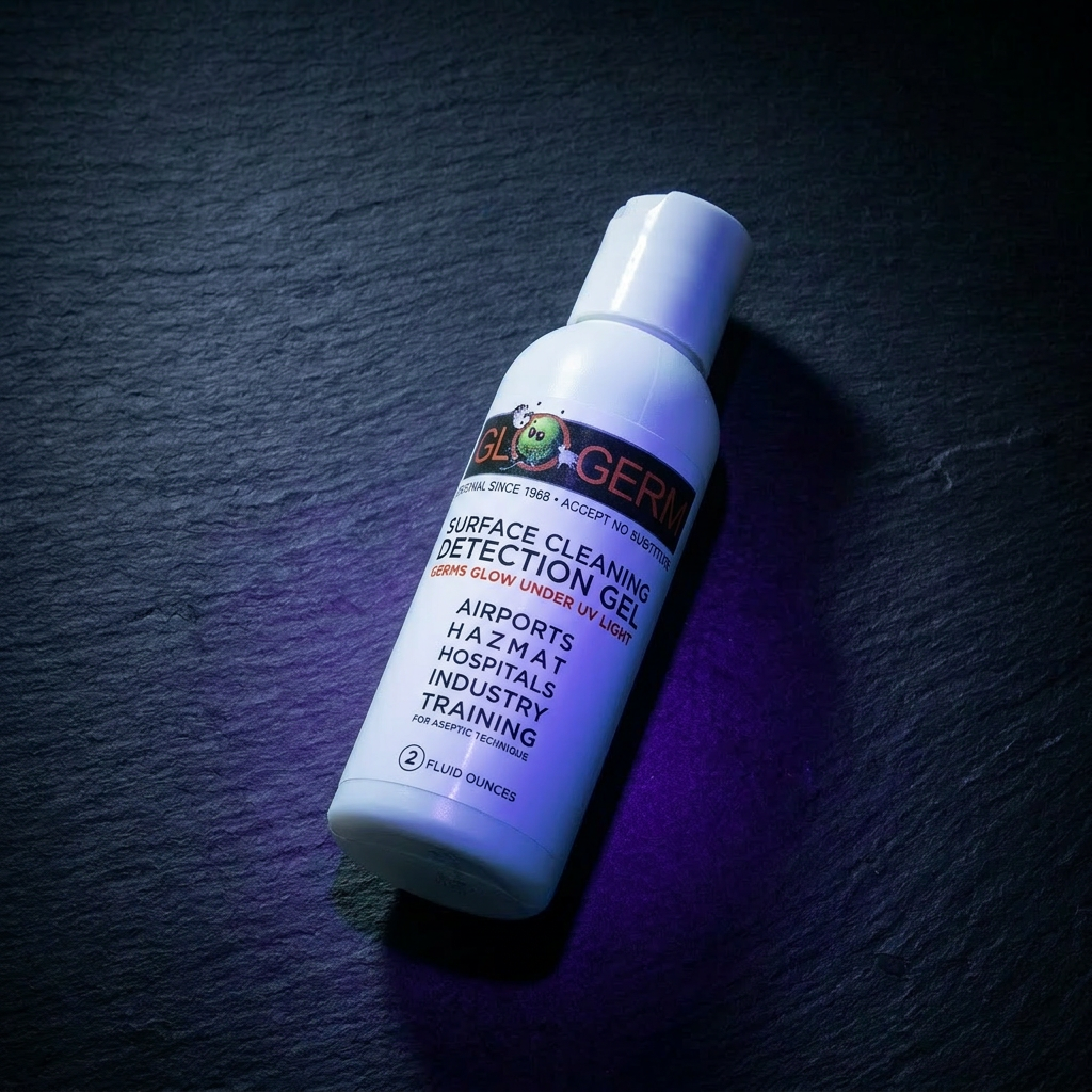 GloGerm Surface Cleaning Detection Gel 2oz — UV-reactive gel for verifying proper cleaning of hard surfaces