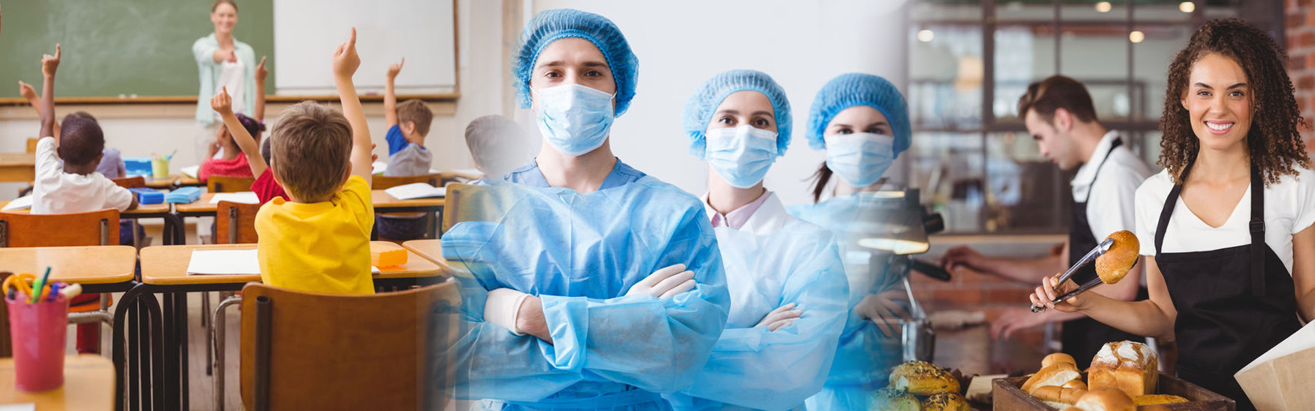 Healthcare workers, classroom students, and food service professionals